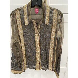 Sandy Starkman Gold‎ Green Shimmer Mesh Embroidered Sequin Jacket S Silk SI53*